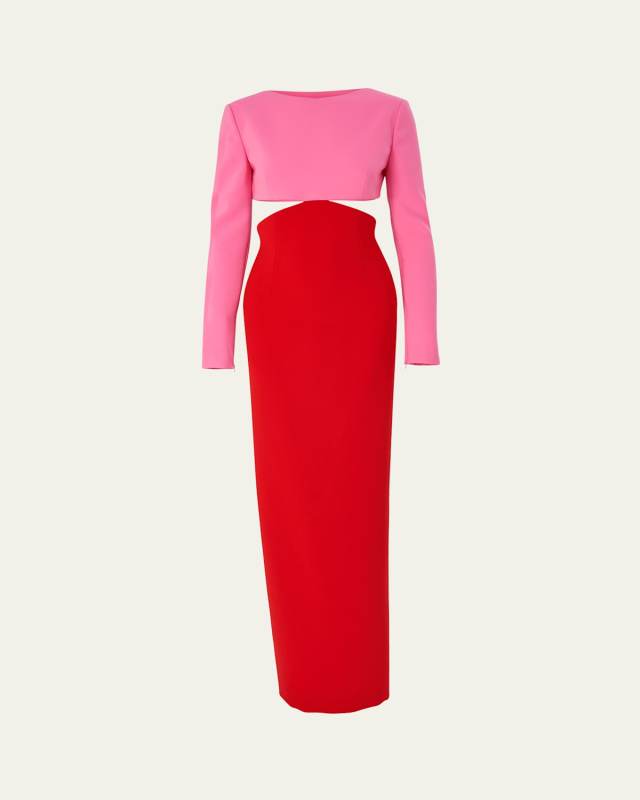 Colorblock Long-Sleeve Cutout Column Gown